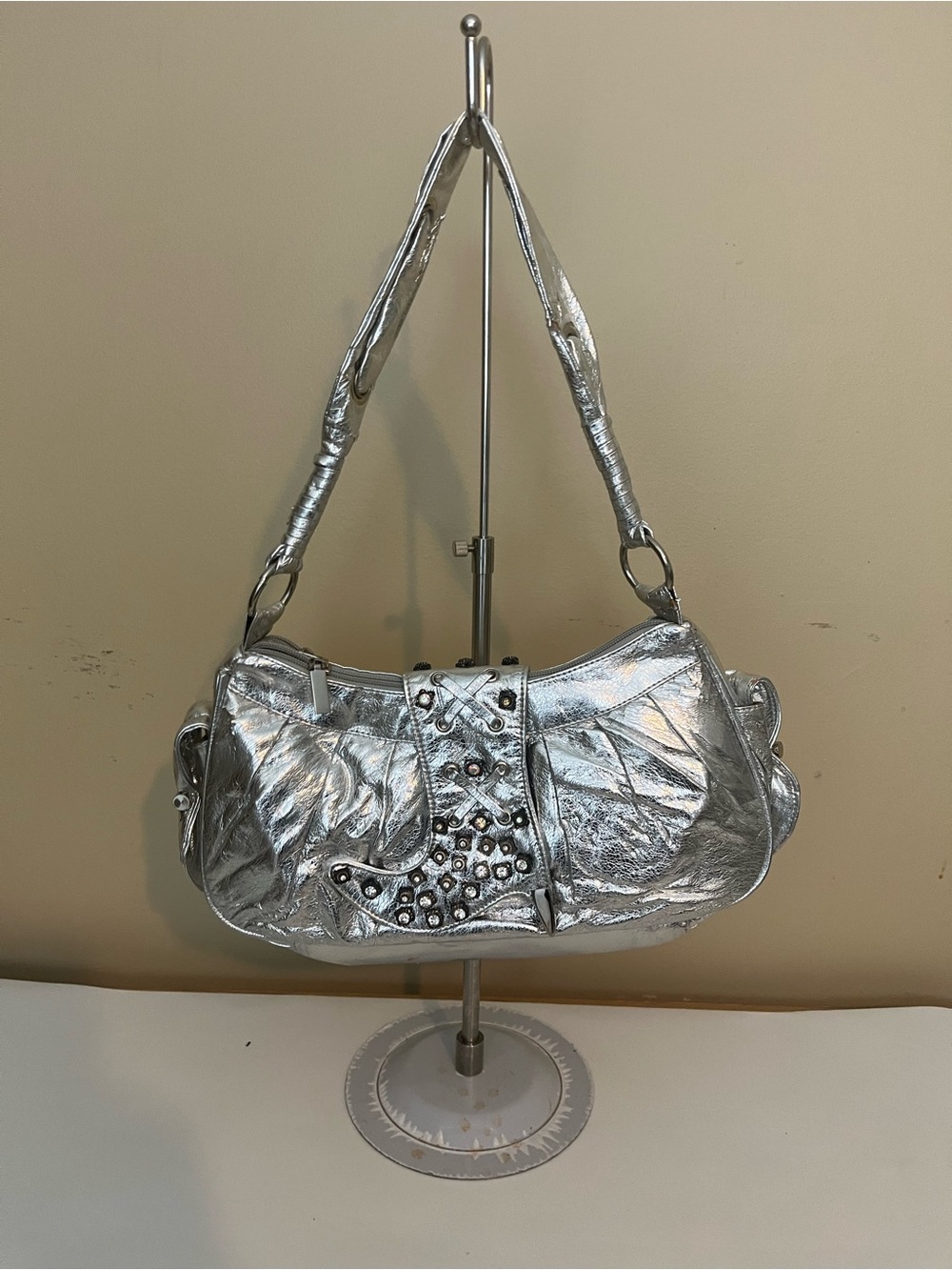 Metallic Silver Stud-Embellished Shoulder Bag